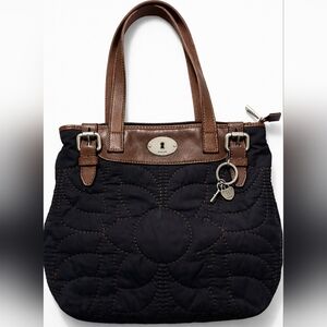 Fossil Key-Per Quilted Floral Tote Navy Brown Leather Trim Shoulder Bag